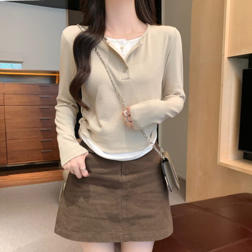 Pink fake two-piece long-sleeved T-shirt 2024 autumn new short slim-fitting bottoming shirt Korean style versatile top