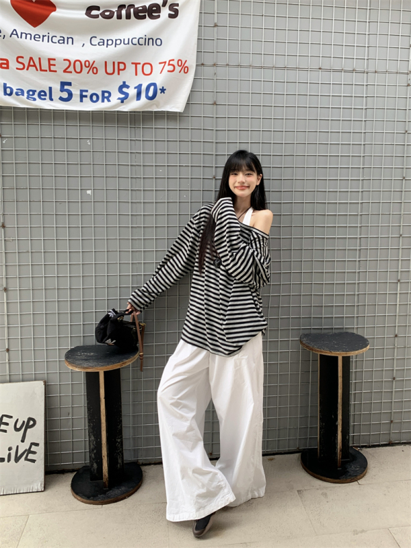 Autumn Loose and Lazy Large Striped T-shirt + Halter Neck Backless Vest Two-piece Set