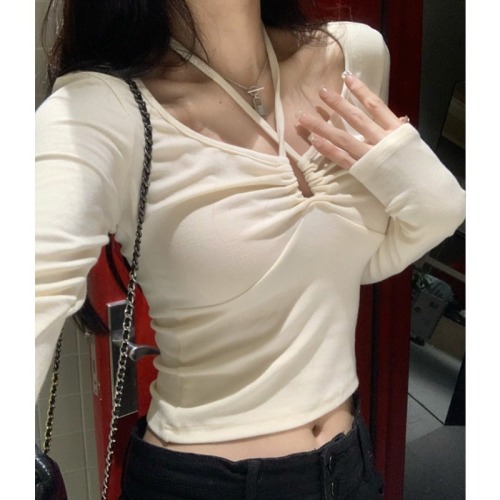 Comfort velvet high elastic pure desire v-neck strap halterneck white long sleeve 2024 niche hot girl short slim top trendy