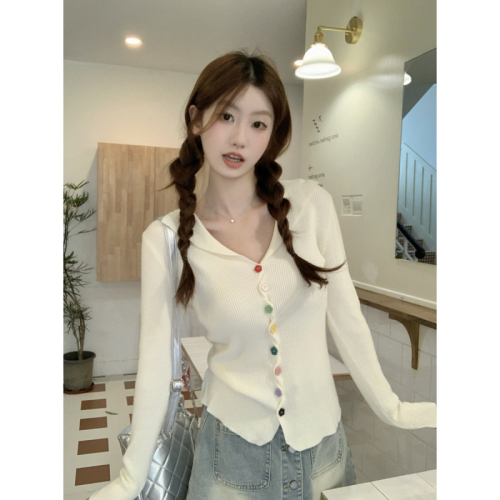 Real shot of autumn and winter Korean style half-open collar rainbow button sweet age-reducing Andy velvet knitted cardigan jacket top