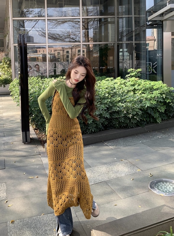 Niche hollow suspender knitted dress blouse + T-shirt bottoming shirt