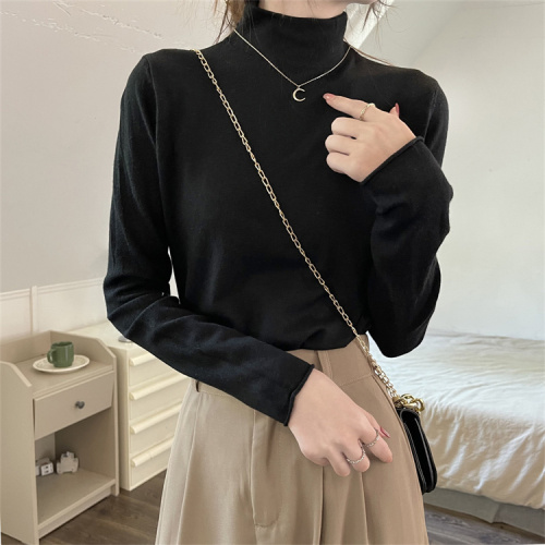 Real shot of autumn and winter inner high-neck long-sleeved versatile sweater for women with curled edge slimming bottoming sweater
