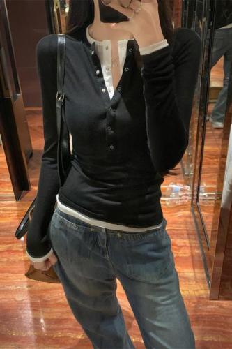Spliced ​​two-piece top for women ins henley collar with slim long-sleeved T-shirt