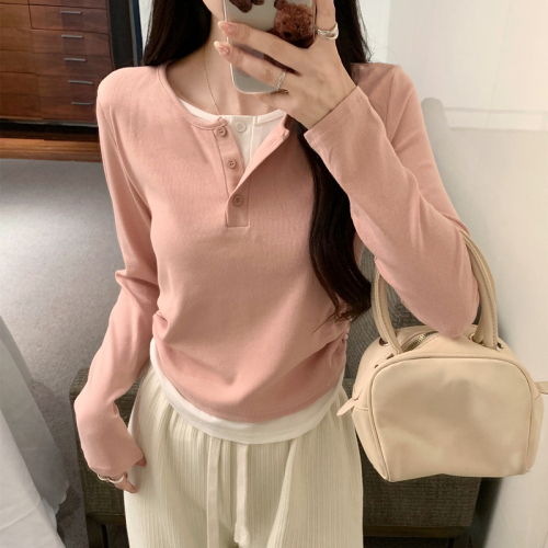 Pink fake two-piece long-sleeved T-shirt 2024 autumn new short slim-fitting bottoming shirt Korean style versatile top