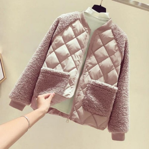 Cotton clothing women's large size short winter cotton clothing Internet celebrity imitation wool lamb splicing small cotton-padded jacket