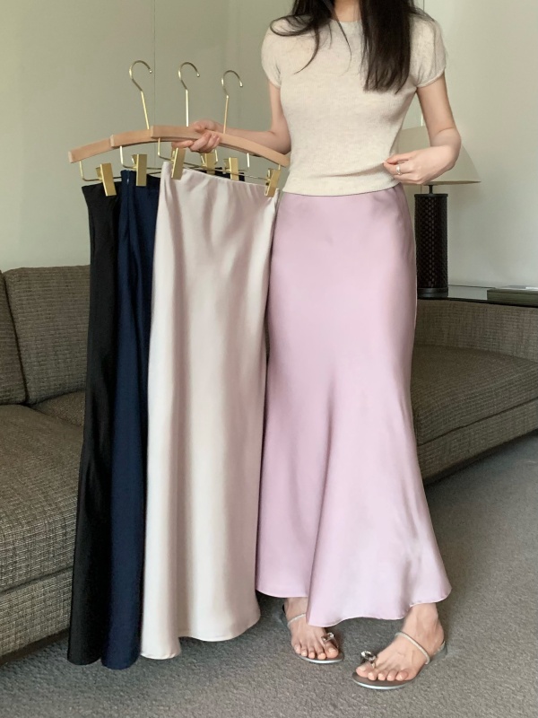 Elastic high-waist slit mid-length satin acetate silky skirt hip-hugging fishtail skirt