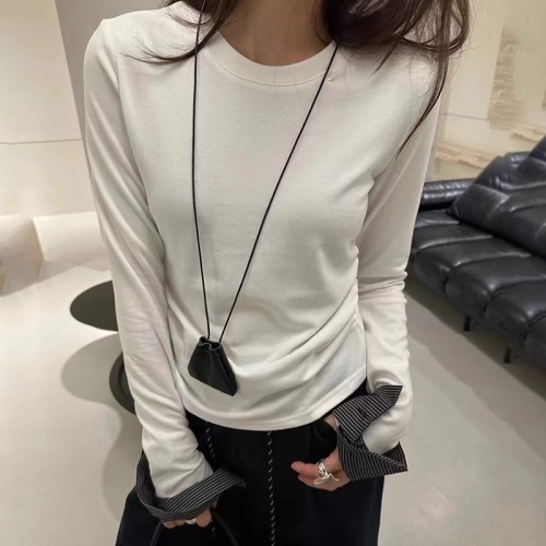 XIDADONG's 2024 new autumn style striped cuffs spliced ​​long-sleeved brushed T-shirt women's pleated slim top