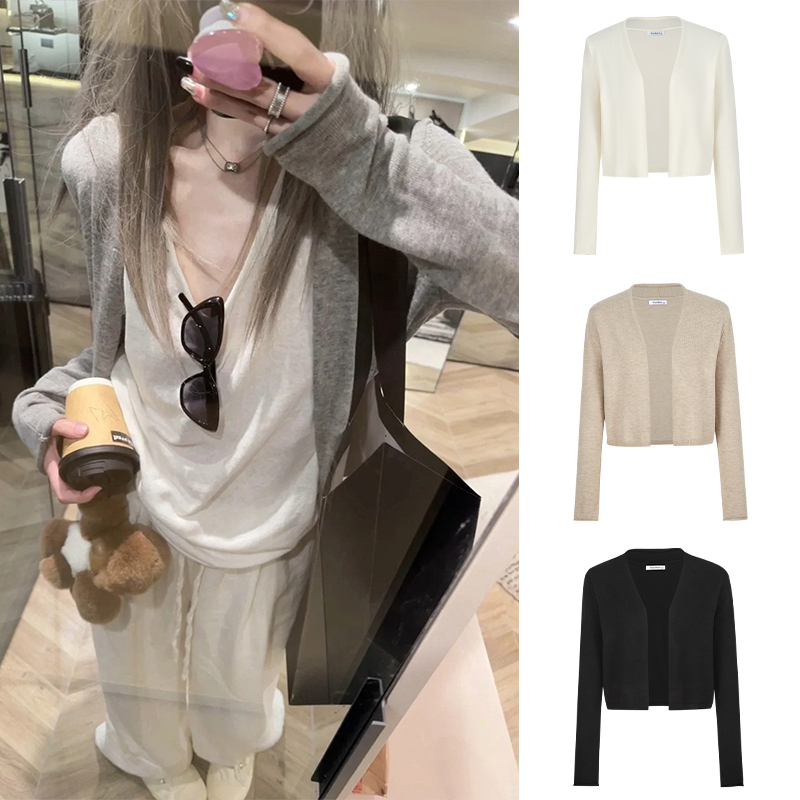 Ready in stock - Gray lazy style knitted cardigan for small women, thin outer waistcoat, early autumn sun protection shirt