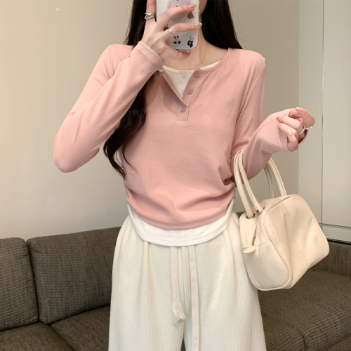 Pink fake two-piece long-sleeved T-shirt 2024 autumn new short slim-fitting bottoming shirt Korean style versatile top