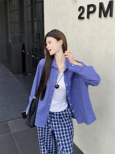 Real shot American retro blue plaid shirt autumn lazy style women's loose shirt jacket long-sleeved top