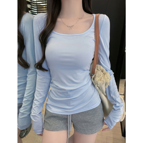 40 count pure cotton 92 cotton/8 spandex pure lust style U-neck T-shirt women's long-sleeved square neck bottoming shirt