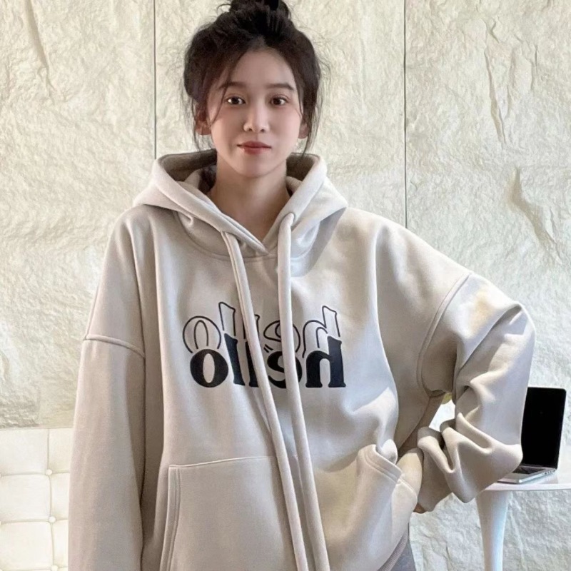 Chinese cotton composite alpaca 450g plus velvet thickened winter printed loose hooded sweatshirt