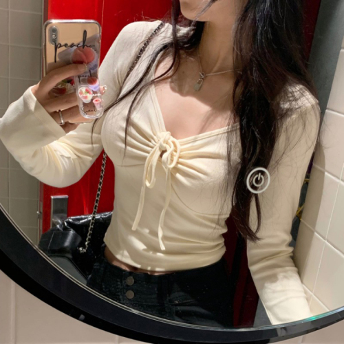 Comfort velvet high elastic pure desire v-neck strap halterneck white long sleeve 2024 niche hot girl short slim top trendy