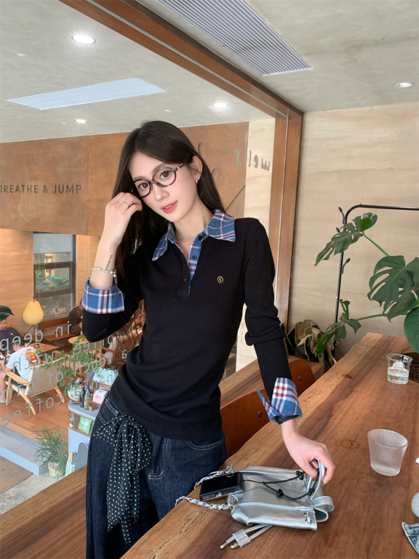 Fake two-piece plaid contrasting color bottoming shirt POLO sweater long-sleeved top autumn