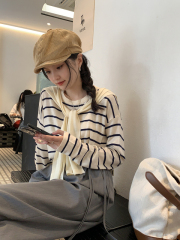 Early autumn top design niche new Korean style early autumn round neck striped long-sleeved T-shirt for women