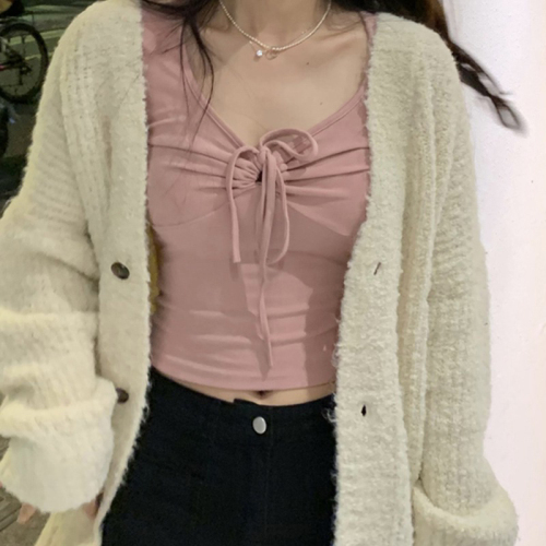 Comfort velvet high elastic pure desire v-neck strap halterneck white long sleeve 2024 niche hot girl short slim top trendy