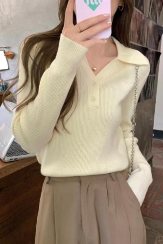 Real shot of autumn Korean style polo collar button-down solid color knitted bottoming long-sleeved inner sweater for women