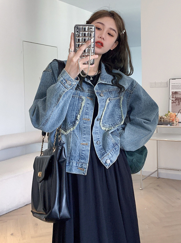 New design raw edge denim jacket Korean style loose slim casual top jacket women's trend