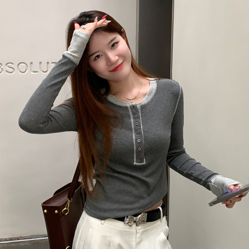 Long-sleeved bottoming shirt for women spring and autumn 2024 new slim fit inner t-shirt right shoulder half open collar top