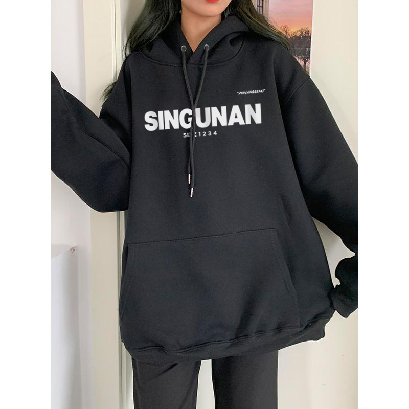 Chinese cotton composite silver fox velvet autumn and winter loose printed hooded sweatshirt