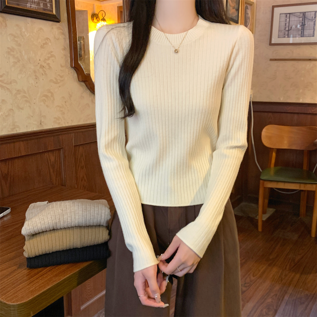 Actual shot of autumn and winter Korean style round neck versatile pit strip slim andy velvet knitted bottoming shirt long-sleeved top for women