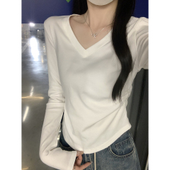 Actual shot of autumn and winter Korean style slim-fitting v-neck pleated simple right shoulder versatile solid color bottoming long-sleeved T-shirt top