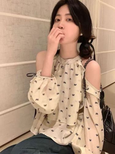 法式杏色波点露肩衬衫女2024早秋季新款蝴蝶结印花少女感长袖上衣