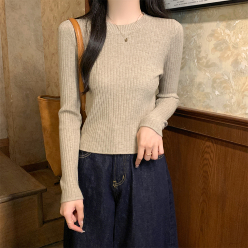 Actual shot of autumn and winter Korean style round neck versatile pit strip slim andy velvet knitted bottoming shirt long-sleeved top for women