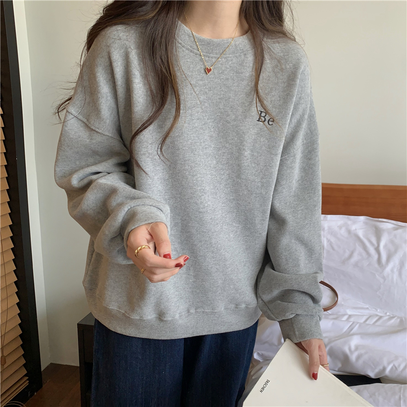 Photographed New Korean Style Loose Embroidered Letter Fleece Lined Thick Hoodie