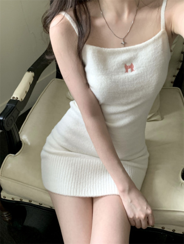 Real shot~Milk white fur ball knitted drawstring jacket cardigan embroidered bow suspender dress