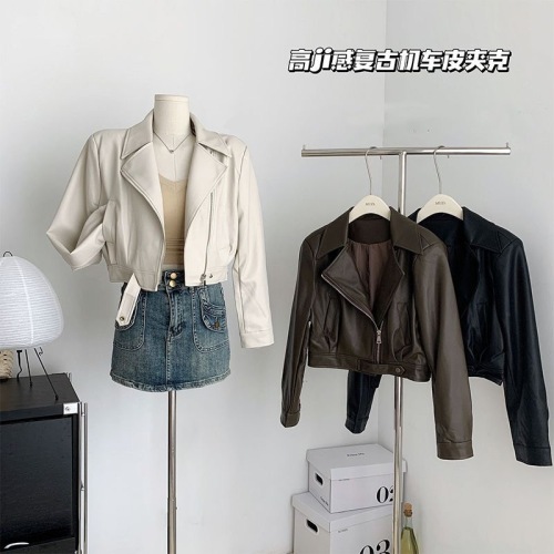 Fashionable lapel short pu leather jacket spring and autumn new high-end motorcycle street style leather jacket for small men