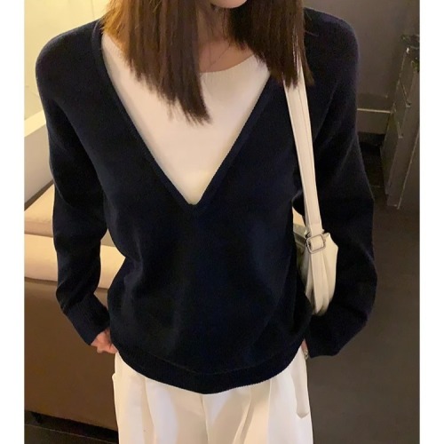 Song Zhengen's navy blue fake two-piece sweater for women early autumn new loose high-end lazy Korean sweater long-sleeved top