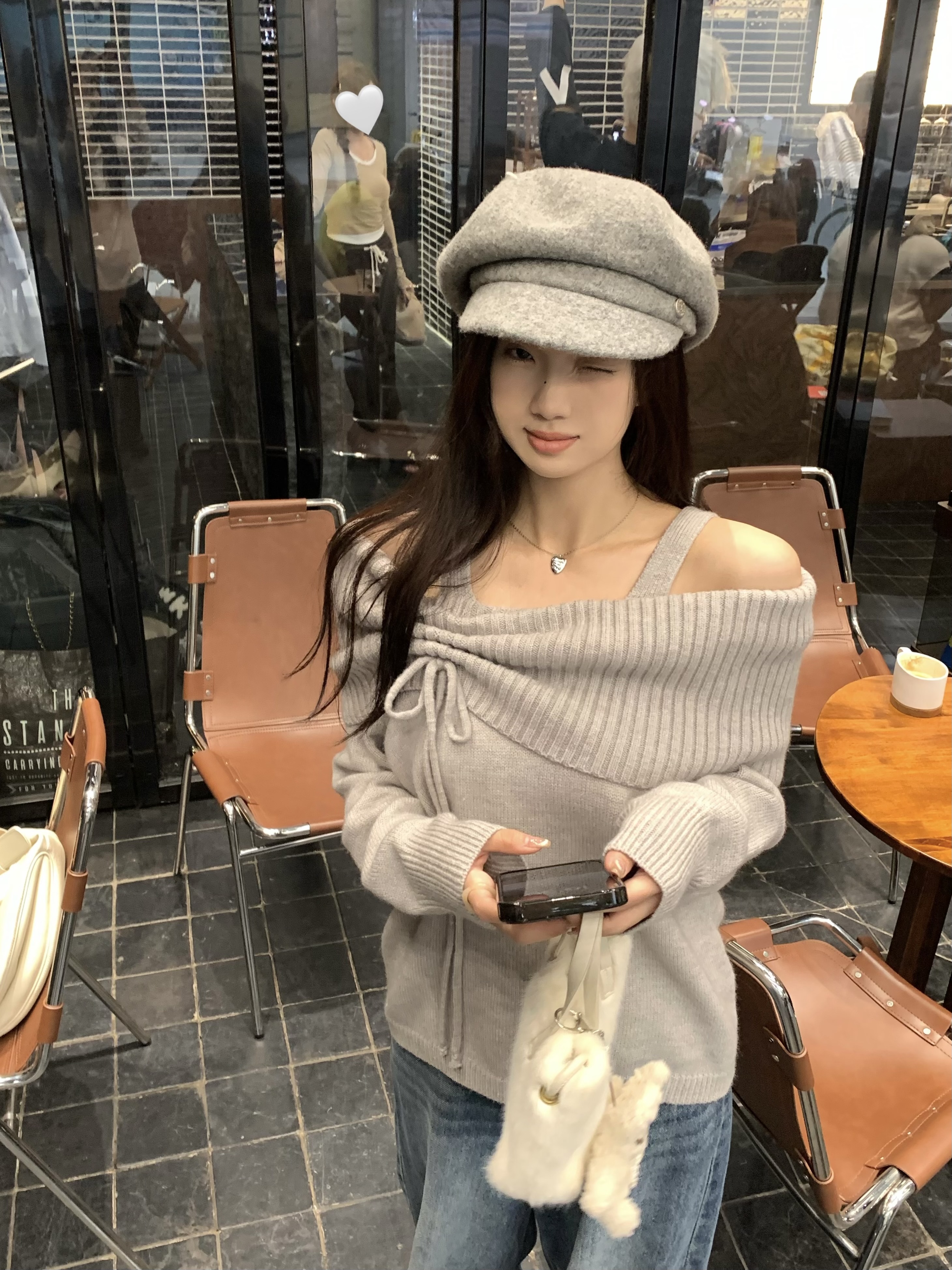 Photographed~ Korean-style lazy butterfly bow off-shoulder sweater one-shoulder inner knit top