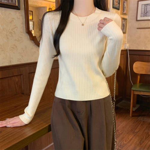 Actual shot of autumn and winter Korean style round neck versatile pit strip slim andy velvet knitted bottoming shirt long-sleeved top for women