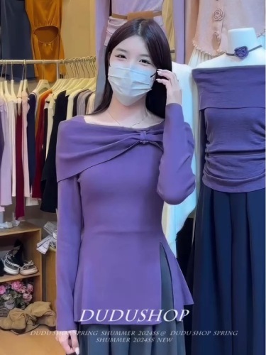 French Off-Shoulder Bow Irregular Split Long-Sleeved Knitwear Women's 2024 Autumn Slim Fit Hot Girl Top 