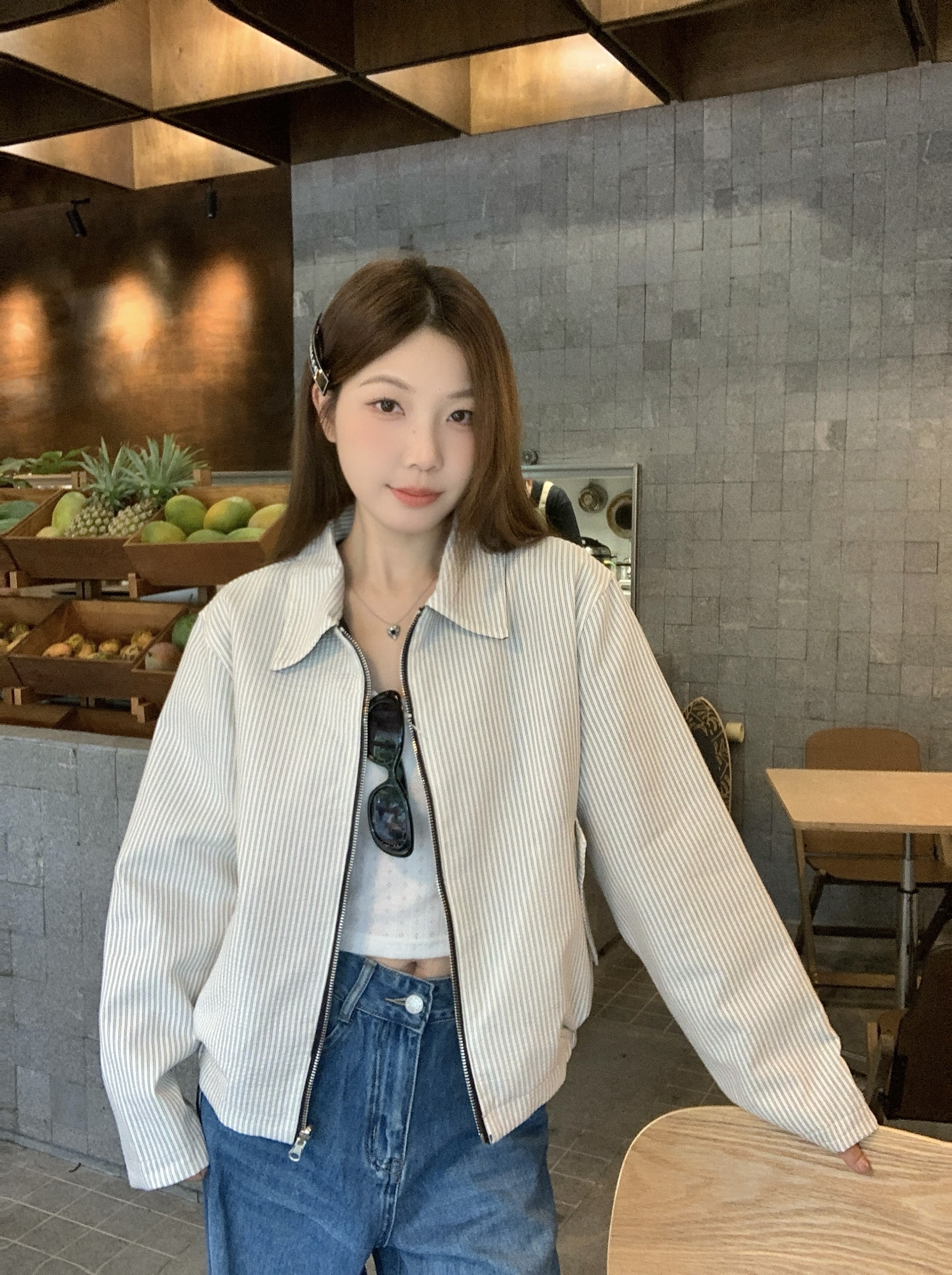 Real shot original fabric with three standards 2024 early autumn reversible fashion striped jacket women's niche tops