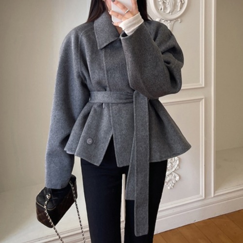 2024 new Korean chic winter temperament waisted belted woolen jacket