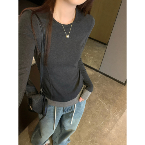 Actual shot of autumn and winter Korean style slim fit contrasting color round neck herringbone temperament slimming inner long-sleeved T-shirt top