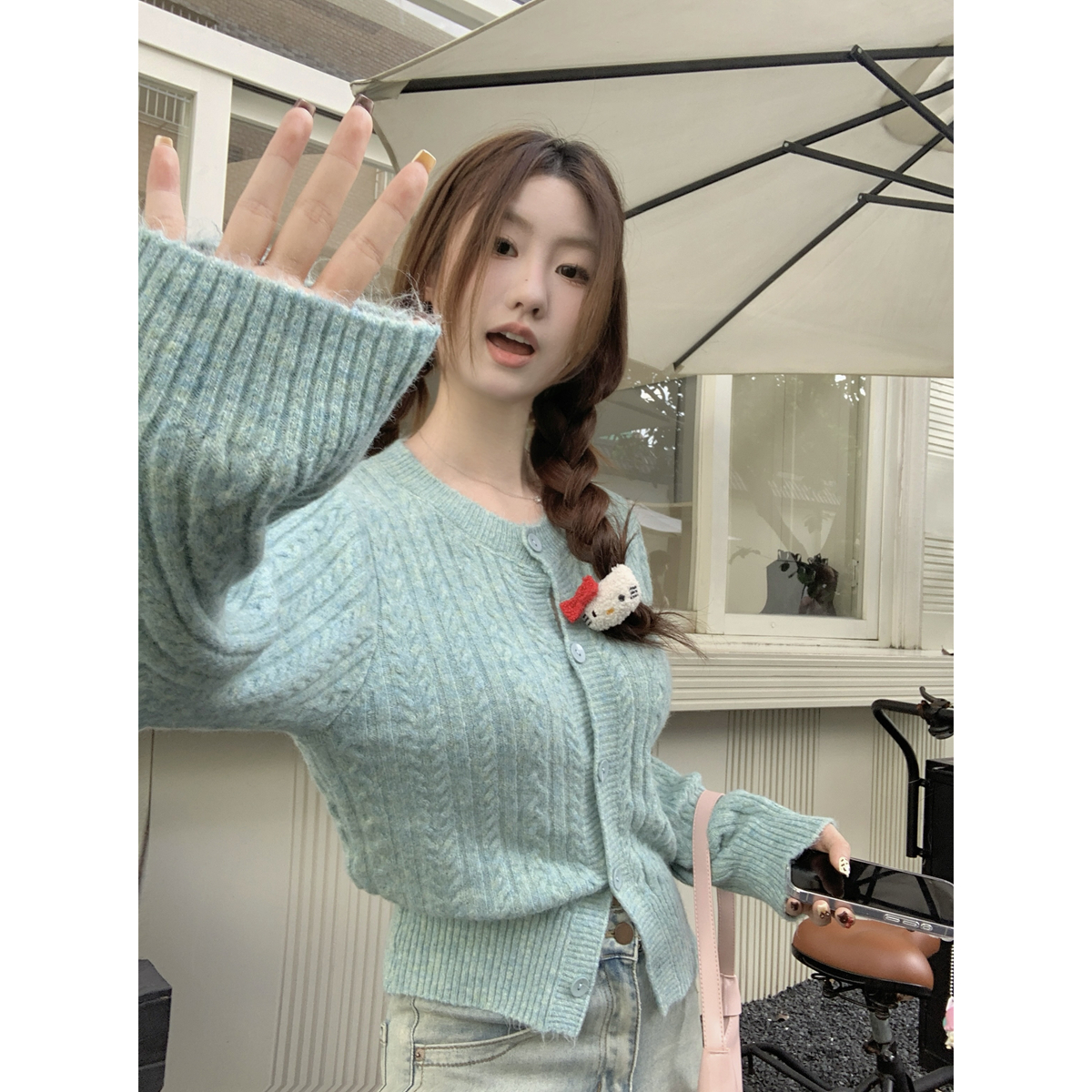 Actual shot of autumn and winter Korean style loose twist sweet candy color arctic velvet knitted cardigan jacket top for women