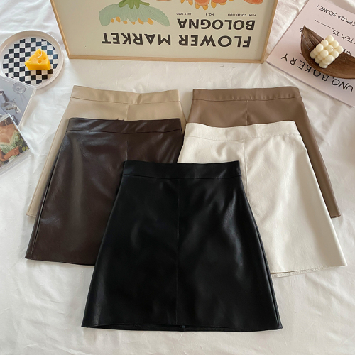 Real shot of leather skirt for women 2024 autumn anti-exposure pants skirt versatile skirt PU leather short skirt high waist a-line skirt