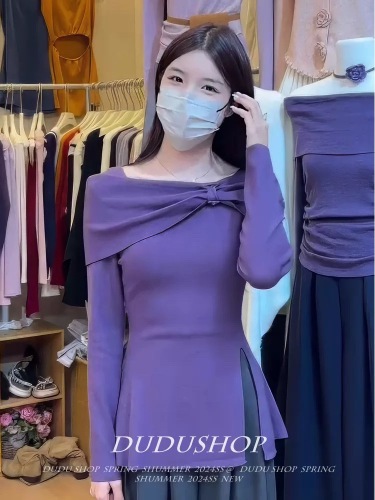 French Off-Shoulder Bow Irregular Split Long-Sleeved Knitwear Women's 2024 Autumn Slim Fit Hot Girl Top 