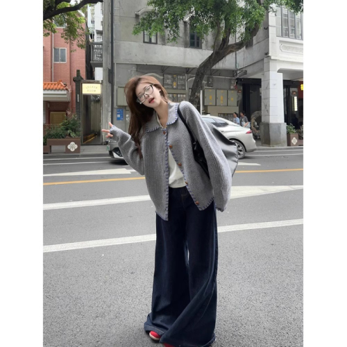 PPHOME Designers' Hand-dyed Embroidered Thread Knit Cardigan Sweater Autumn Korean Style Lazy Outerwear Loose Jacket