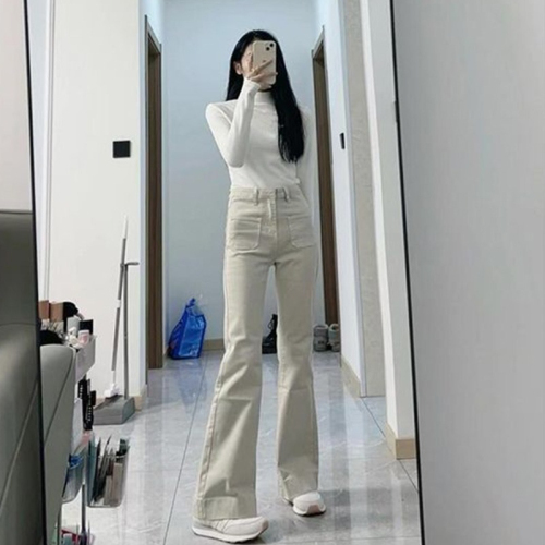 Hong Kong style retro slim fit slim-flared trousers for women, spring and autumn Korean style casual and versatile temperament, fashionable denim straight pants