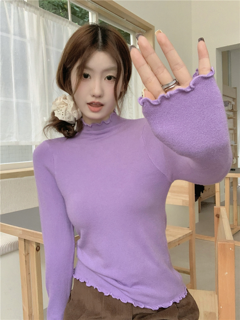 Actual shot ~ 16 colors versatile core-spun yarn personalized fungus edge knitted half turtleneck pullover bottoming sweater for women