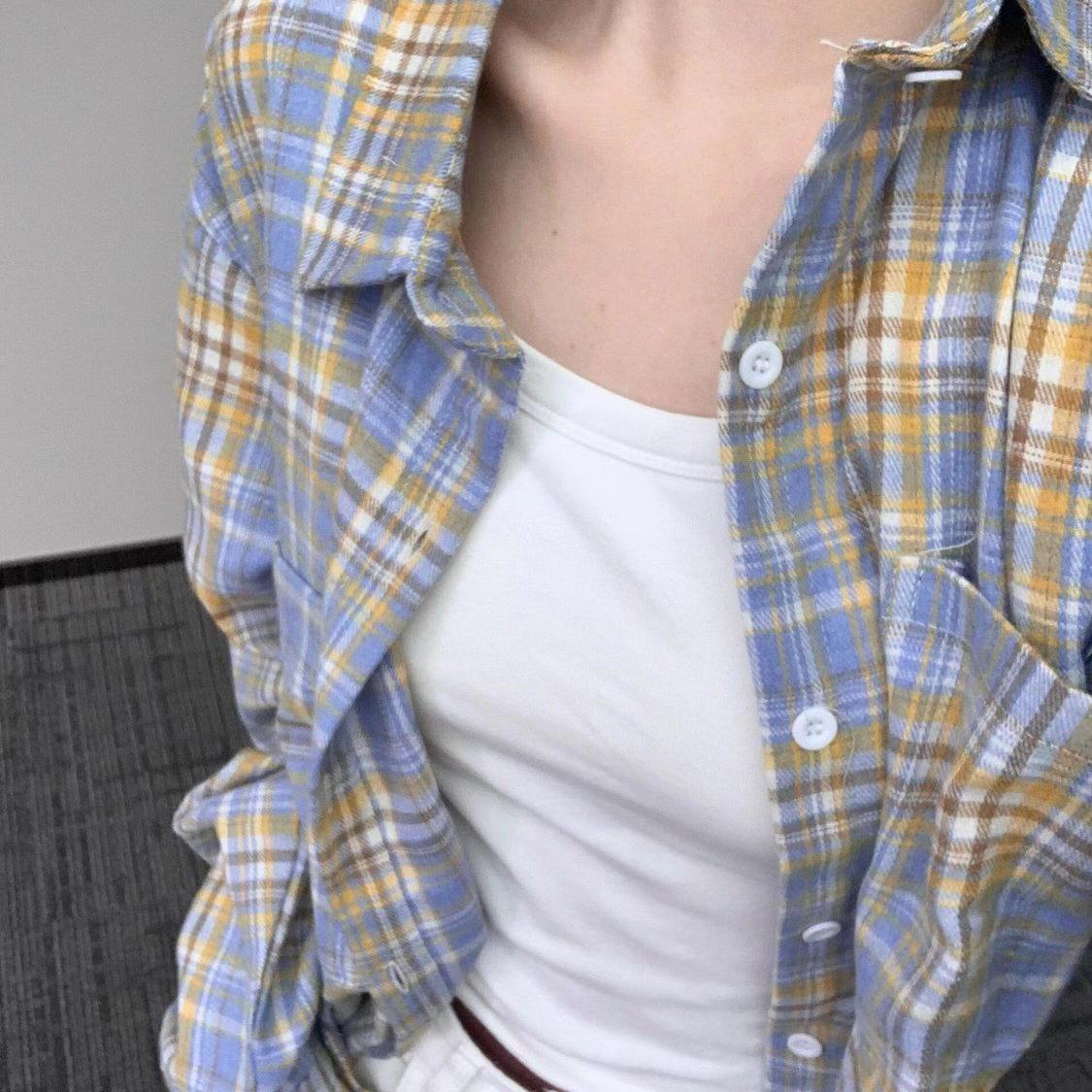 原版質量原版做法 兩個口袋多巴胺甜美奶黃色純棉格子襯衫女