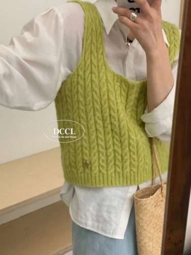 Sheep wool sweater vest for women 2024 Korean style loose outer layering solid color square collar knitted vest