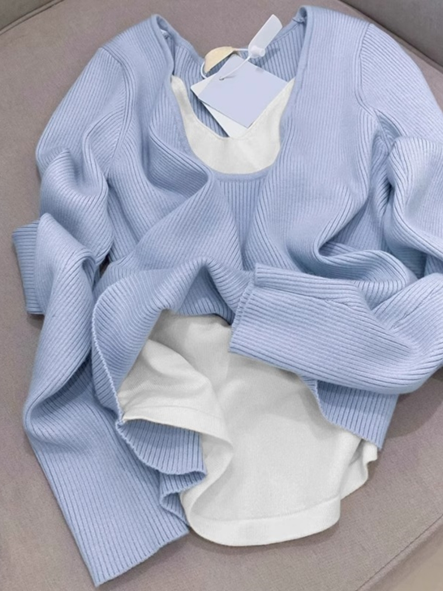 Core yarn dress length 60, chest circumference 44, blue faux two-piece knitted sweater women's new long-sleeved top