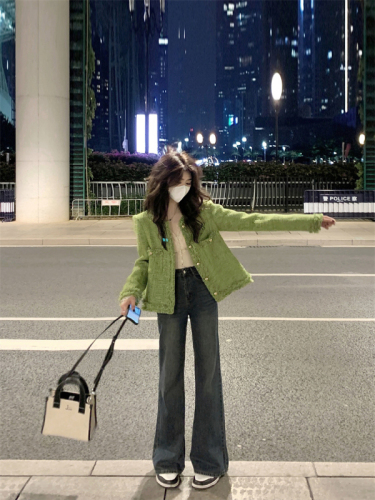 Actual shot #小香风 mustard green coat for women in autumn and winter French style high-end temperament tweed short top