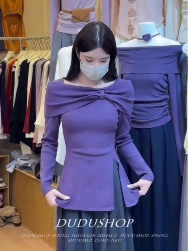 French Off-Shoulder Bow Irregular Split Long-Sleeved Knitwear Women's 2024 Autumn Slim Fit Hot Girl Top 