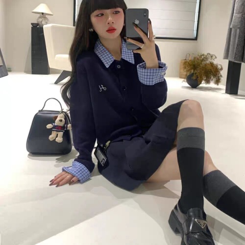 2024 new autumn Korean style fake two-piece plaid stitching letter embroidered sweater for women